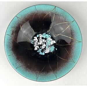 Vintage Gerte Hacker Enamel Bowl Signed 6" Turquoise Gold Gilt Artware